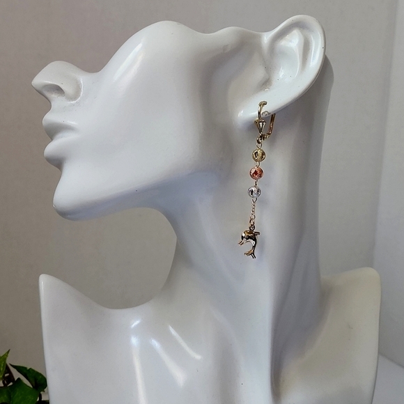 Tri Color Gold Dolphin Dangle Earrings - Picture 4 of 5
